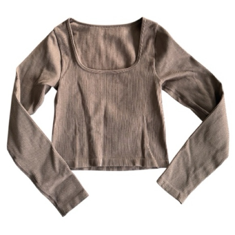 OQQ Ribbed Square Neck Long Sleeve Cropped Top - Mocha